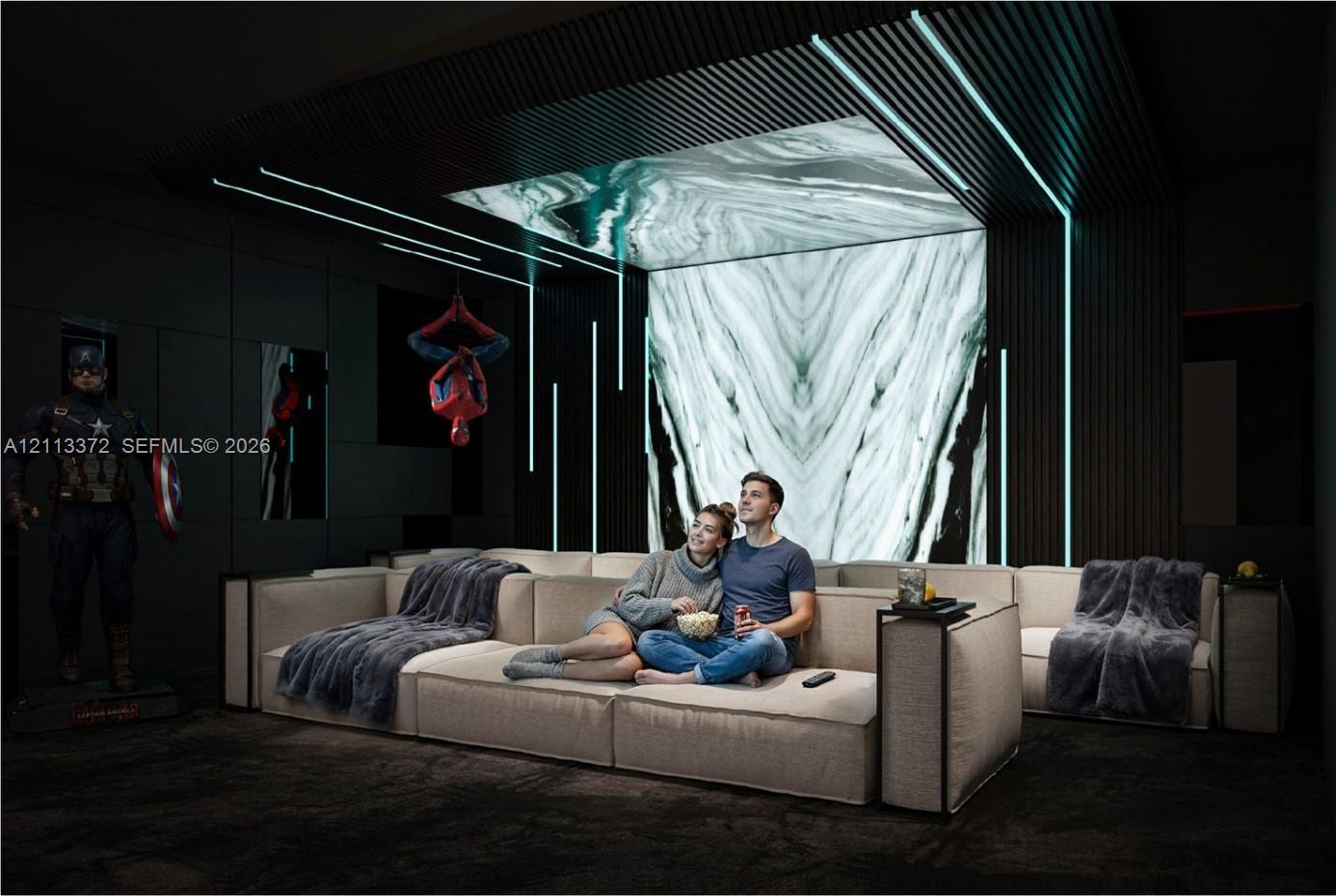 Media room featuring a backlit stone focal wall, black vertical slat ceiling detail, recessed linear lighting, and custom dark-toned wall paneling