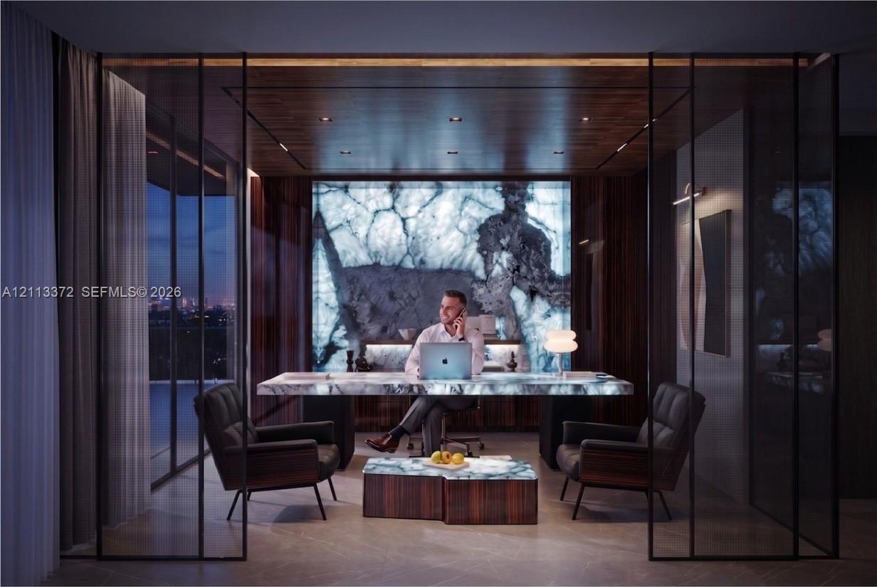 Office featuring floor-to-ceiling glass panel walls, a backlit stone feature wall, a built-in stone-top desk, wood-paneled ceiling with recessed lighting, and stone flooring