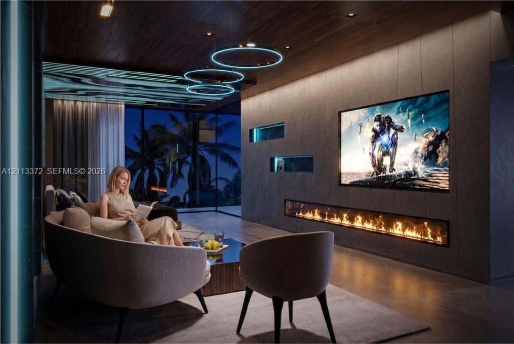 Modern living area featuring a linear built-in fireplace, paneled wall detailing, wood-finish ceiling, ring pendant lighting, and floor-to-ceiling glass paneling