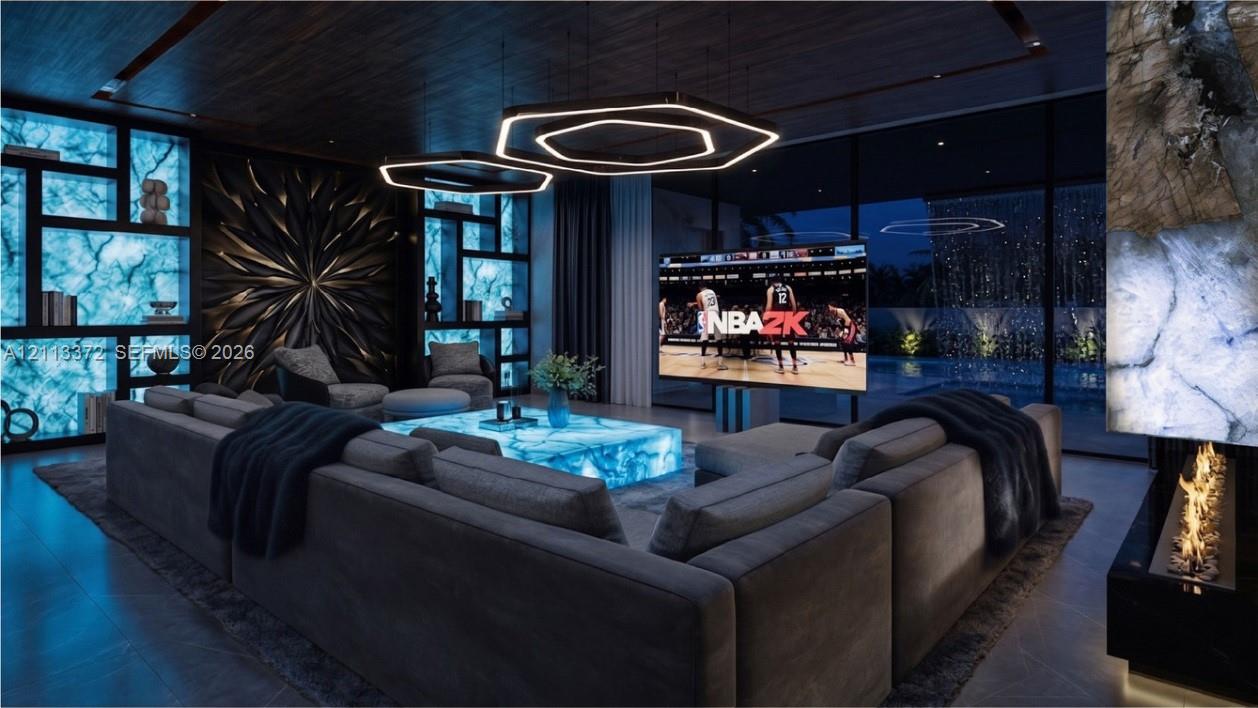 Custom wood-paneled ceiling, illuminated stone accent wall, geometric LED pendant lighting, floor-to-ceiling glass wall, and linear ribbon fireplace