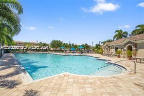 Swimming pool with a paved deck, stepped entry, and palm tree landscaping Swimming pool with a paved deck, stepped entry, and palm tree landscaping