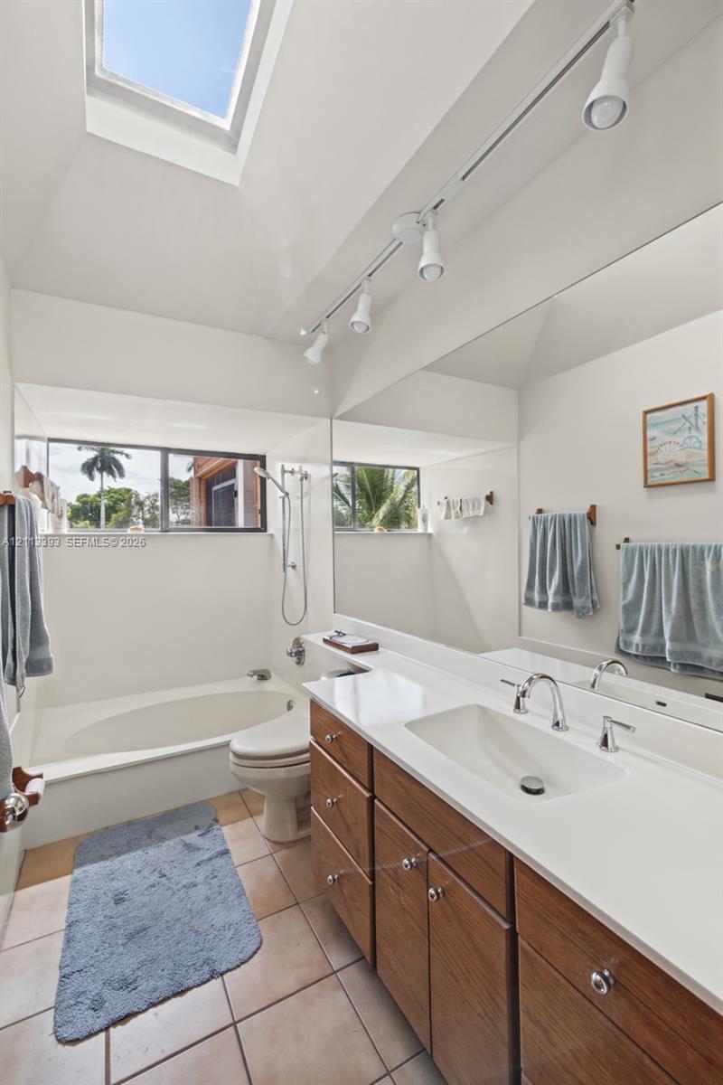 Bathroom featuring a skylight, wood-finish vanity with a solid-surface countertop, integrated basin, and track lighting