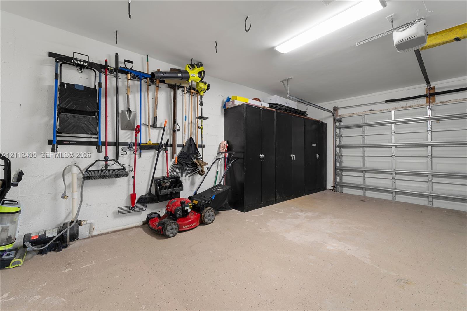 Garage featuring painted concrete flooring, wall-mounted storage organization system, built-in floor-to-ceiling metal cabinetry, and overhead fluorescent lighting