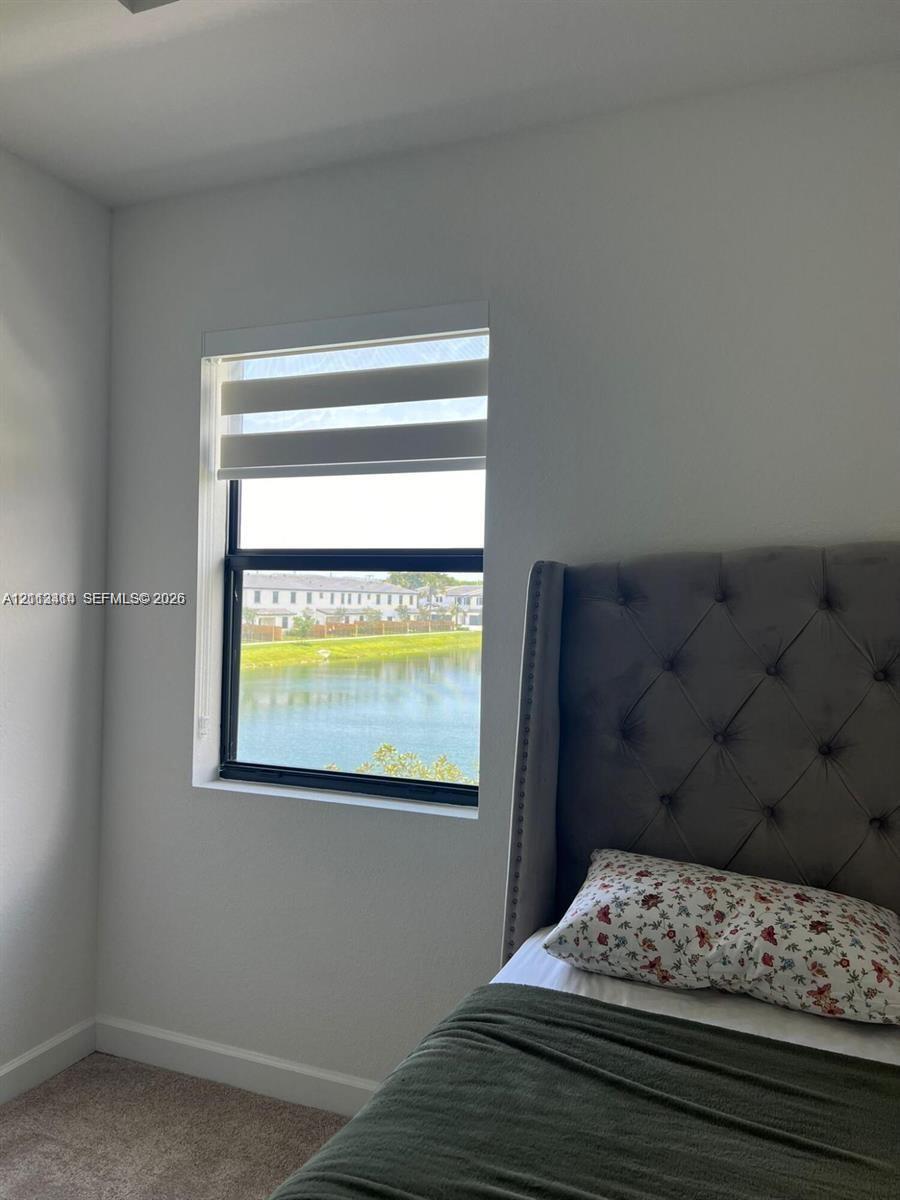 Neutral-toned walls, carpeted flooring, and a window featuring a dual-layer roller shade