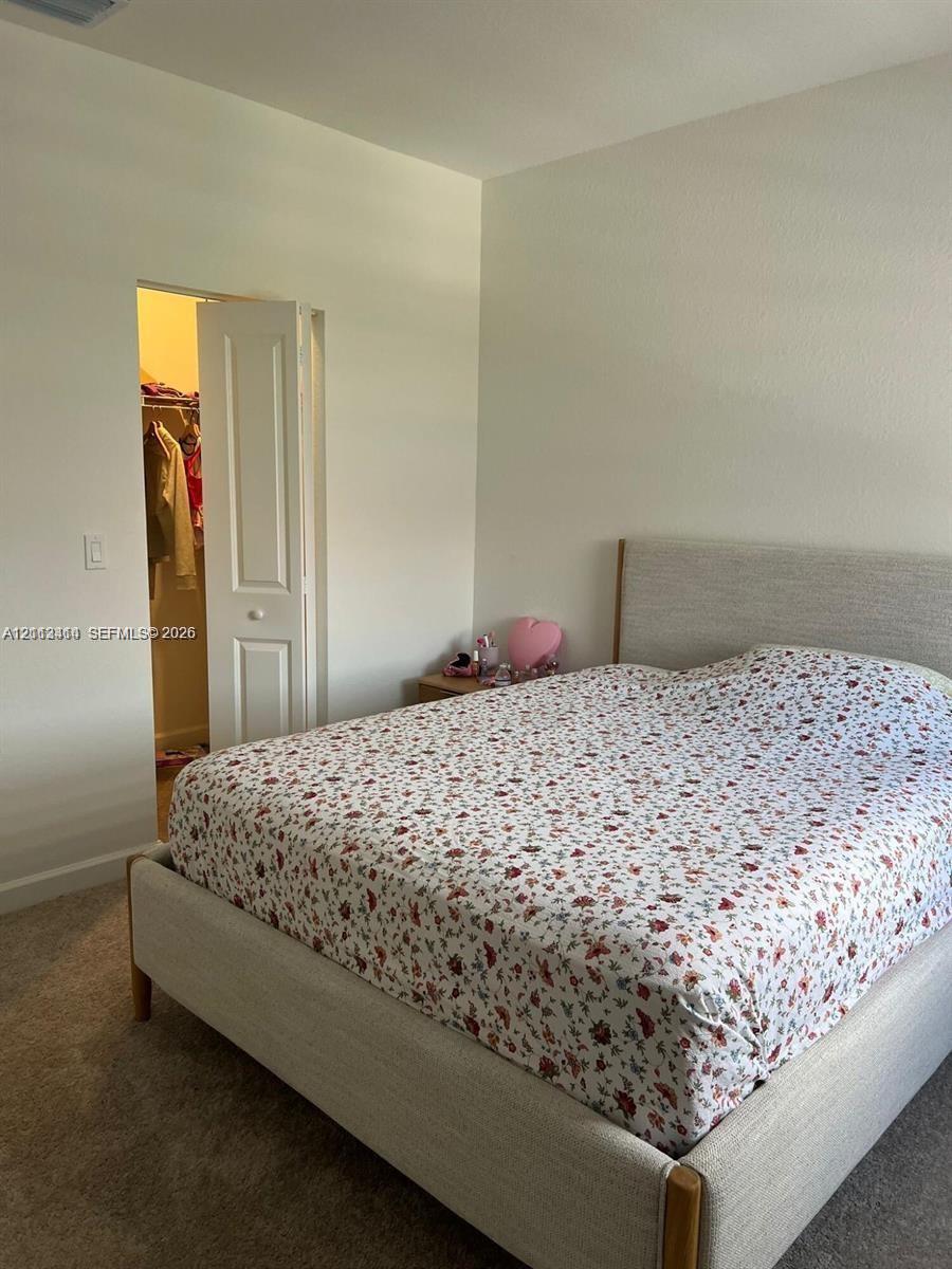 Neutral wall color, carpeted flooring, and a walk-in closet with a paneled door