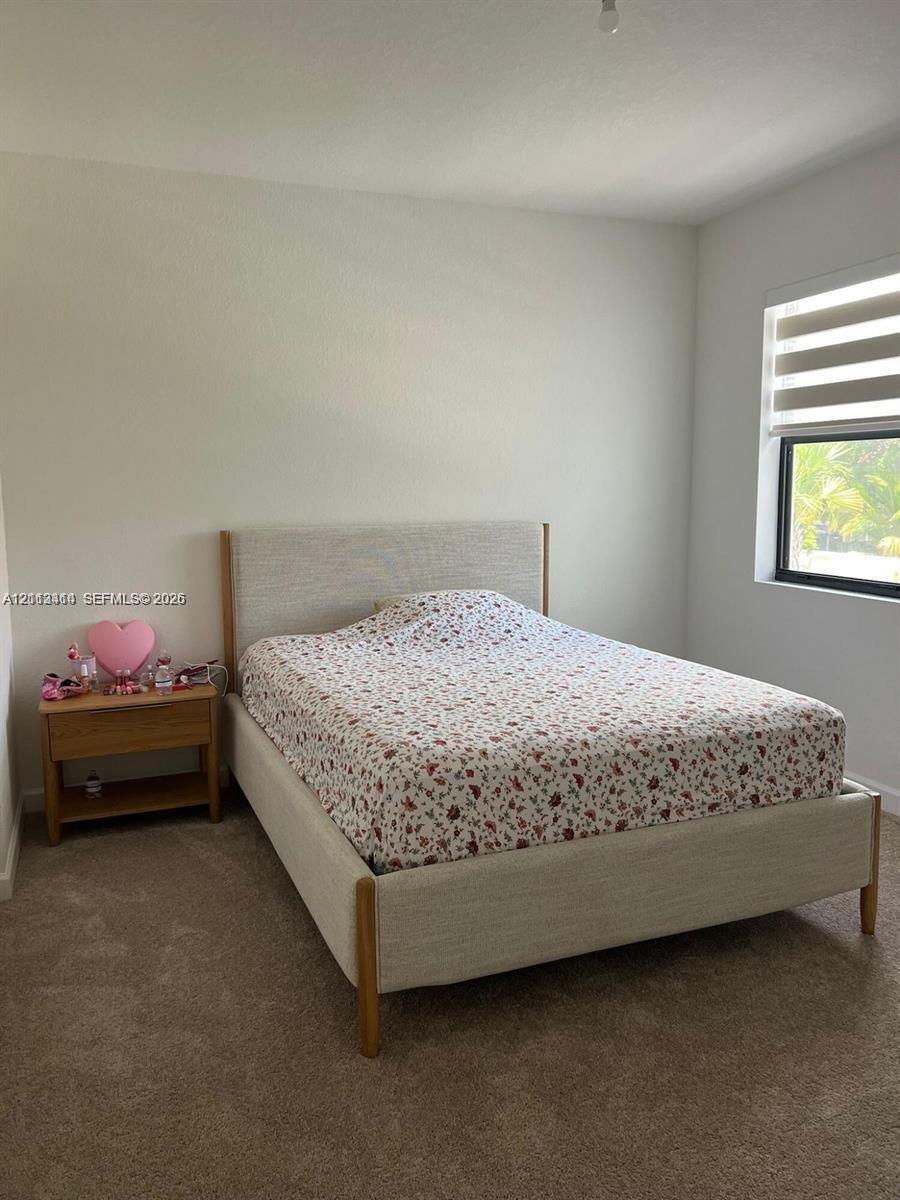 Neutral-toned carpeted flooring, neutral wall paint, and a window featuring horizontally striped roller shades