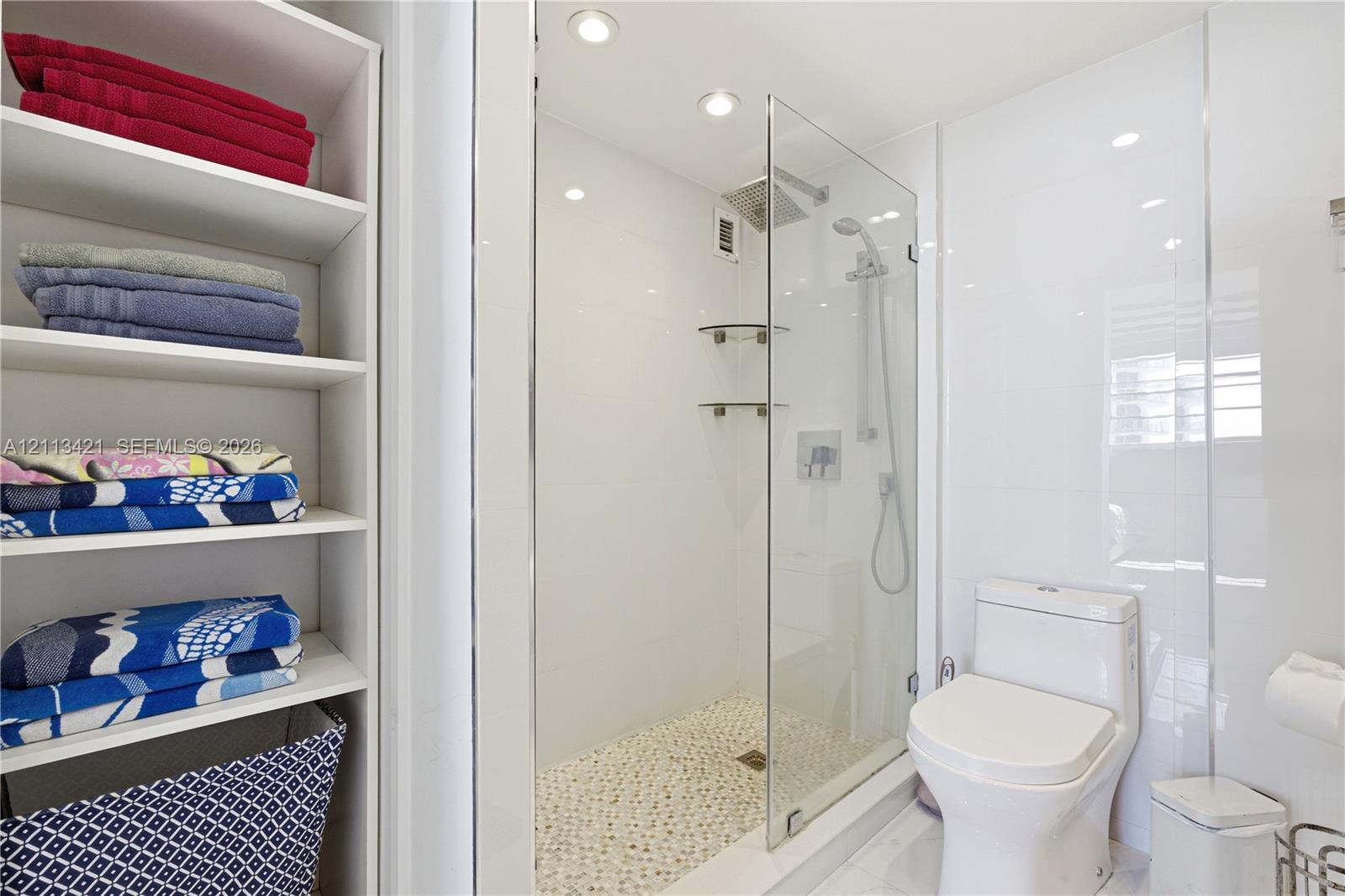 Walk-in glass enclosed shower with rainfall showerhead, pebble-stone flooring, built-in recessed shelving, and integrated overhead lighting