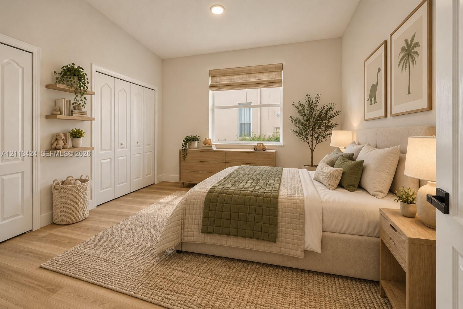 virtually staged - Light-filled room featuring neutral wall tones, wood-finish flooring, recessed lighting, double-door closet with traditional paneling, and floating wall shelves
