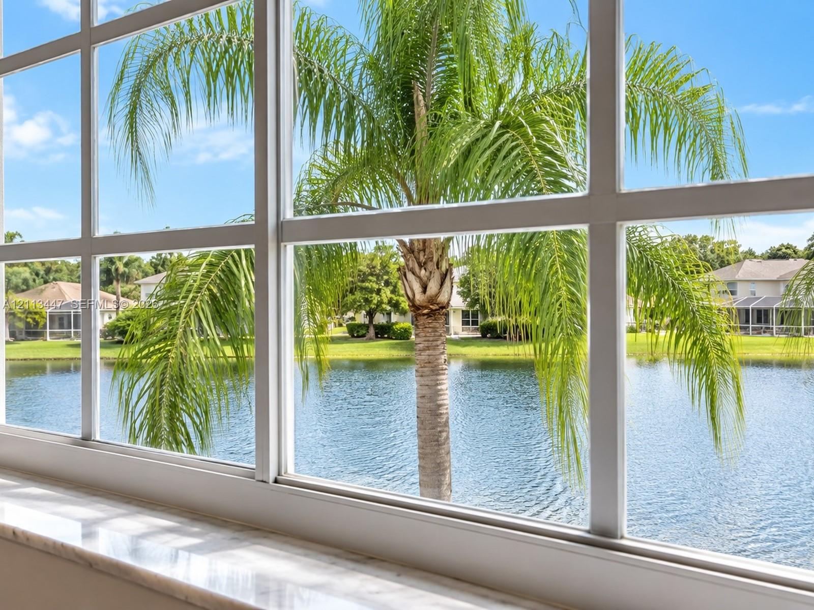 Grid-pattern multi-lite window featuring a natural stone sill, framing a waterfront landscape with palm trees