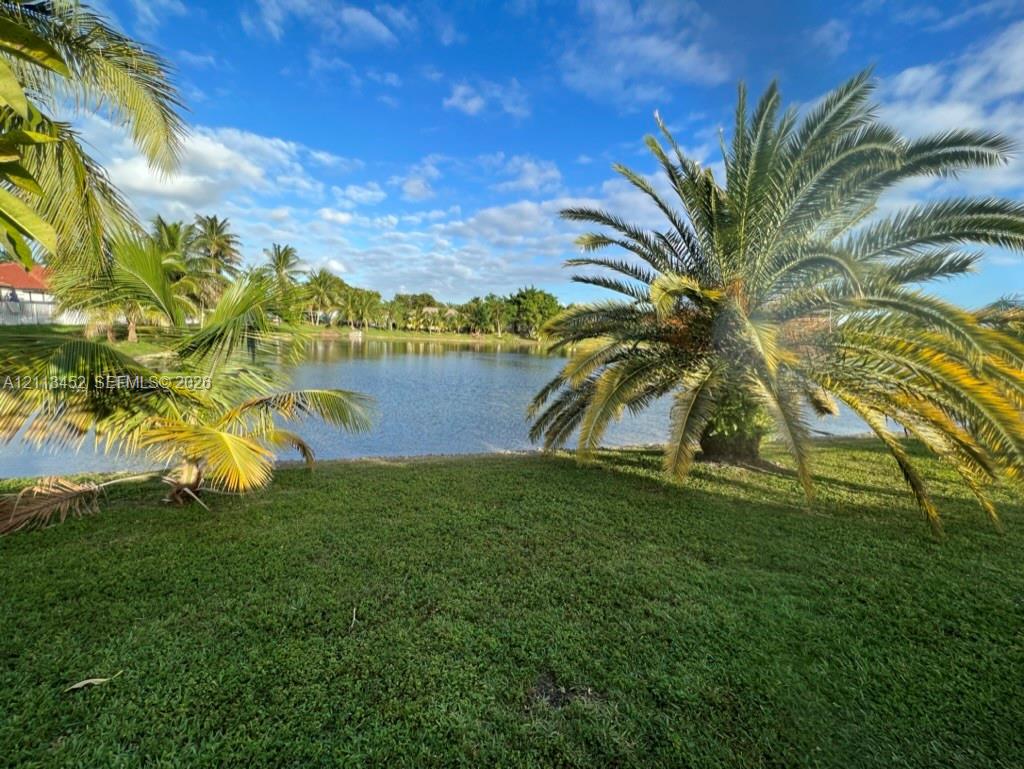 Waterfront grounds featuring mature palm trees, manicured turf, and a natural pond