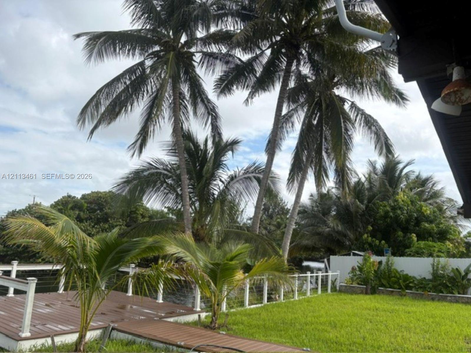 Outdoor deck with integrated railing, manicured lawn, and mature palm trees