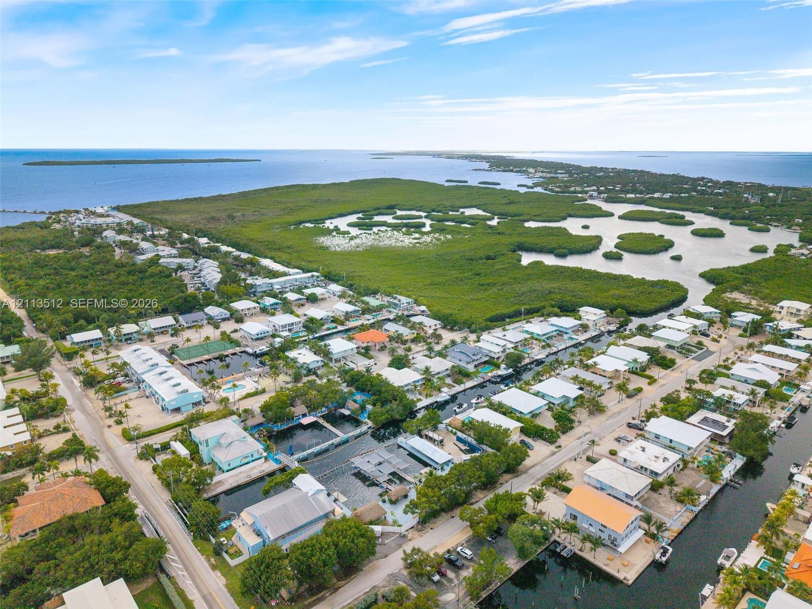 Aerial perspective of a coastal community featuring residential canal-front access, paved street grid, and surrounding natural mangroves