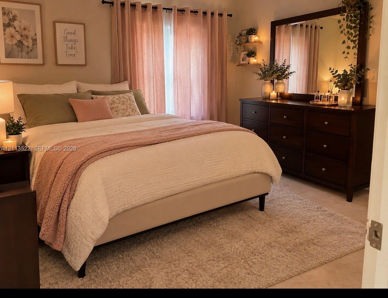 Neutral-toned interior space featuring light-colored tile flooring and wall-mounted wooden corner shelving