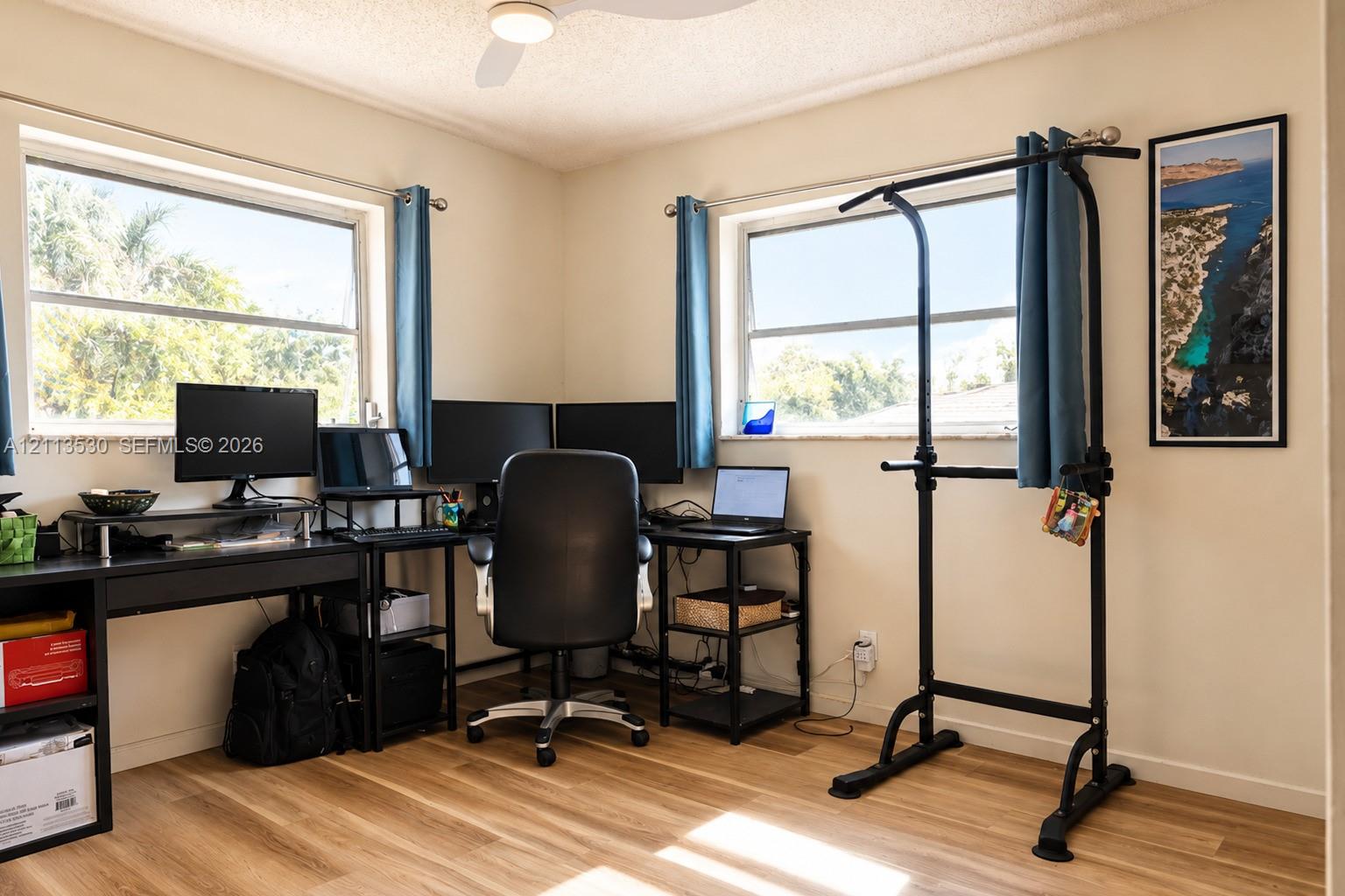 Wood-finish flooring, two large windows providing natural light, and a ceiling-mounted light fixture