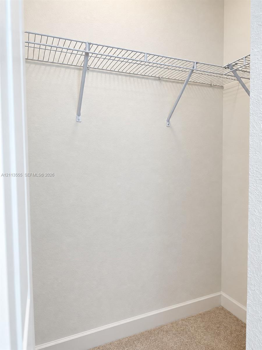 Storage area featuring neutral-toned carpeting and white wall-mounted wire shelving