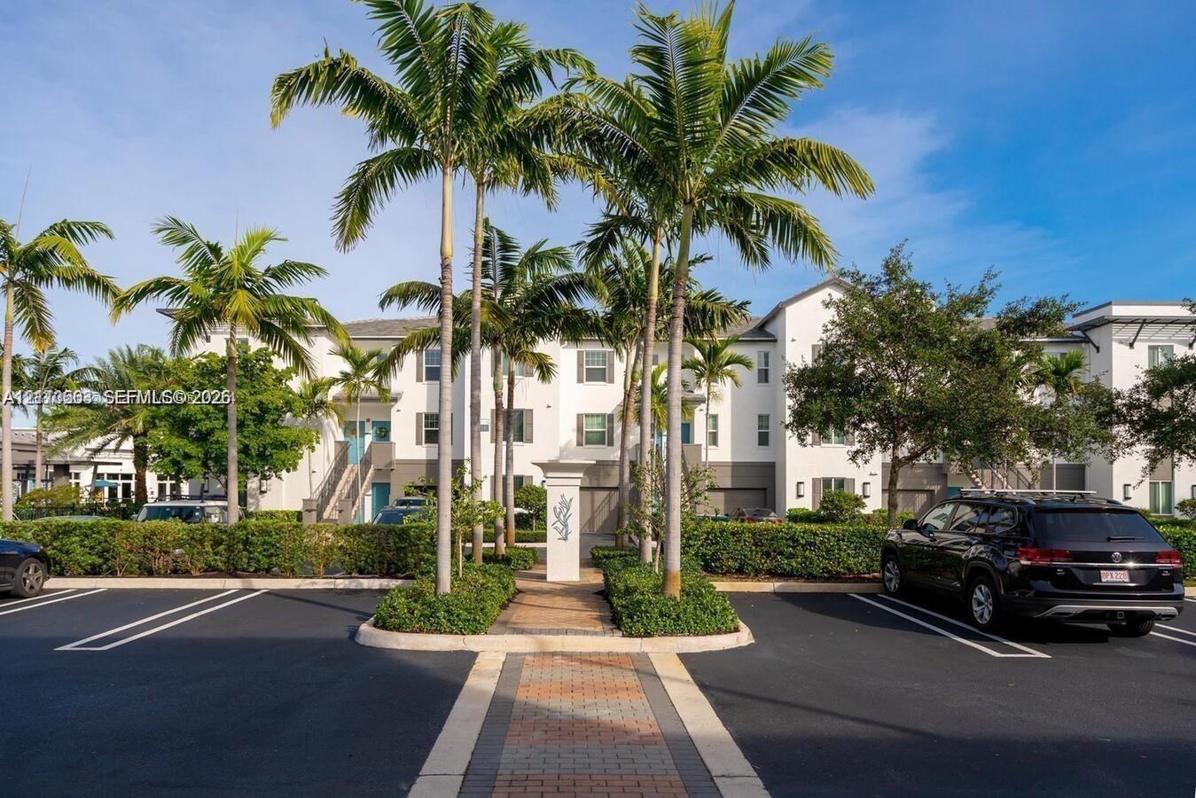 Multi-story building exterior with white and gray stucco facade, paved pedestrian walkway, manicured hedging, and mature palm landscaping Multi-story building exterior with white and gray stucco facade, paved pedestrian walkway, manicured hedging, and mature palm landscaping