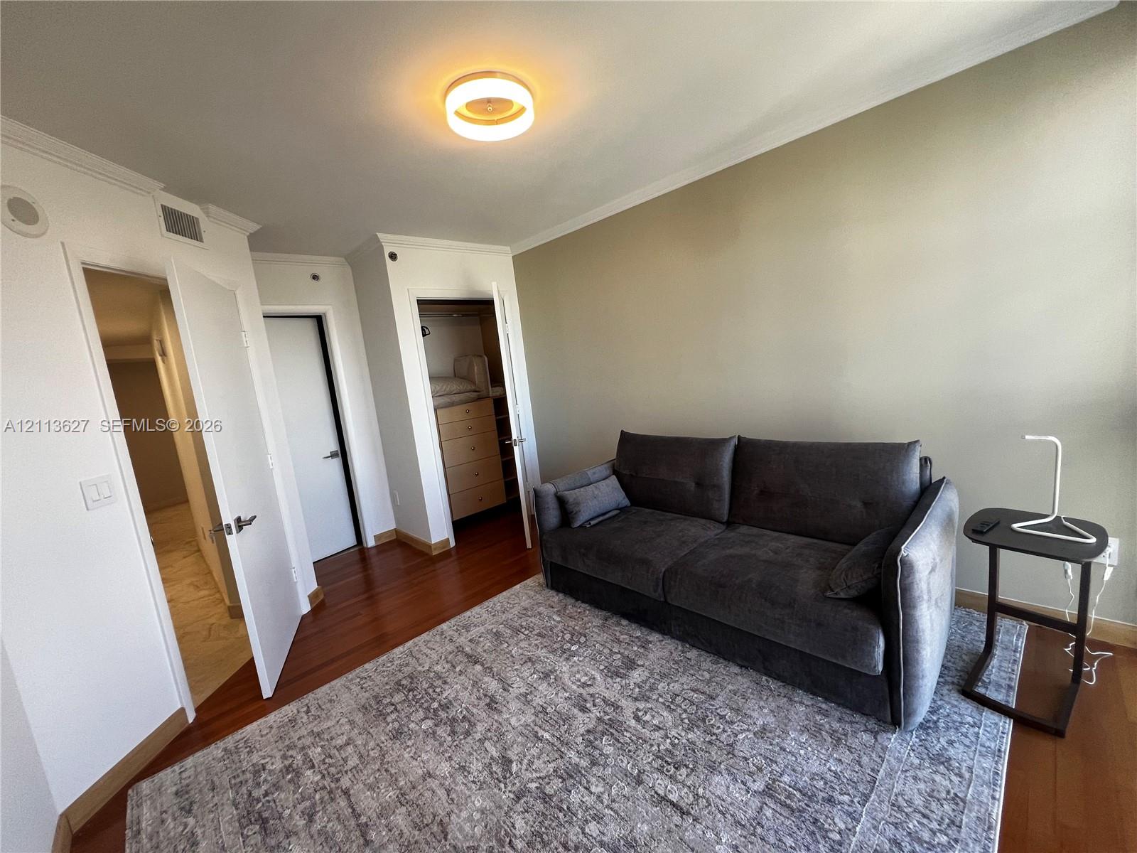 Room featuring wood-finish flooring, a built-in closet with integrated shelving, and a circular ceiling-mounted light fixture
