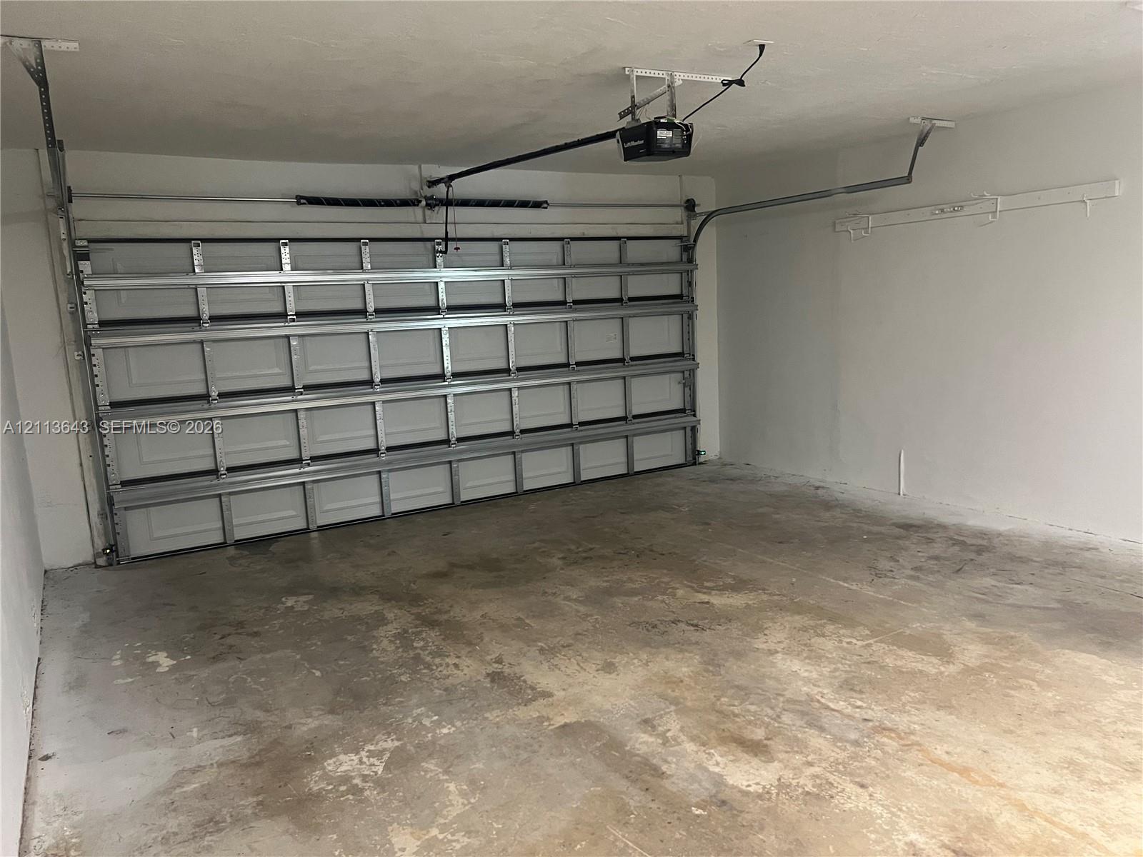 Two-car garage featuring a sectional metal door, an automatic belt-drive opener, and finished concrete flooring