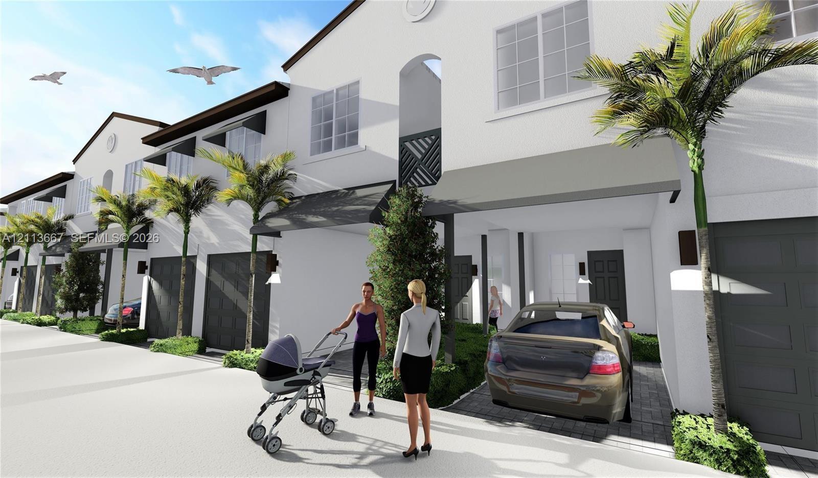 Multi-level townhouse exterior featuring white stucco facade, charcoal-toned garage doors, metal awnings, and manicured palm tree landscaping