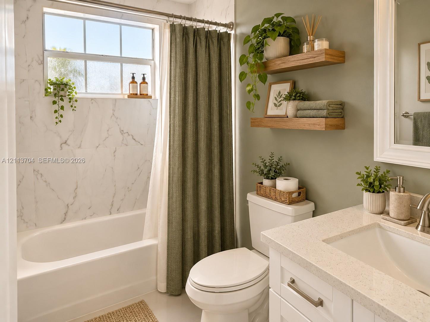 Full bathroom featuring a white porcelain tub with stone-finish surround, white vanity cabinet with a light-toned solid surface countertop, and dual mounted wood-finish floating shelves Full bathroom featuring a white porcelain tub with stone-finish surround, white vanity cabinet with a light-toned solid surface countertop, and dual mounted wood-finish floating shelves