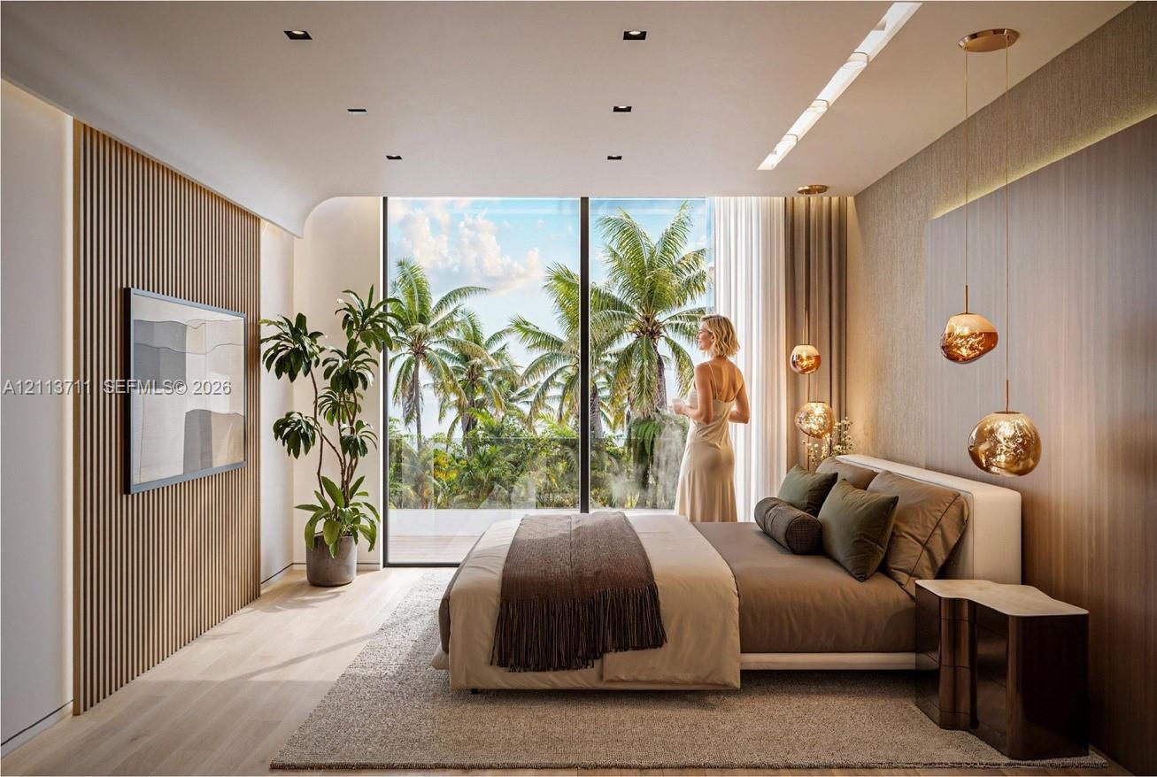 Full-height floor-to-ceiling windows, wood-slat wall paneling, integrated recessed ceiling lighting, textured wall finishes, and suspended metallic pendant fixtures
