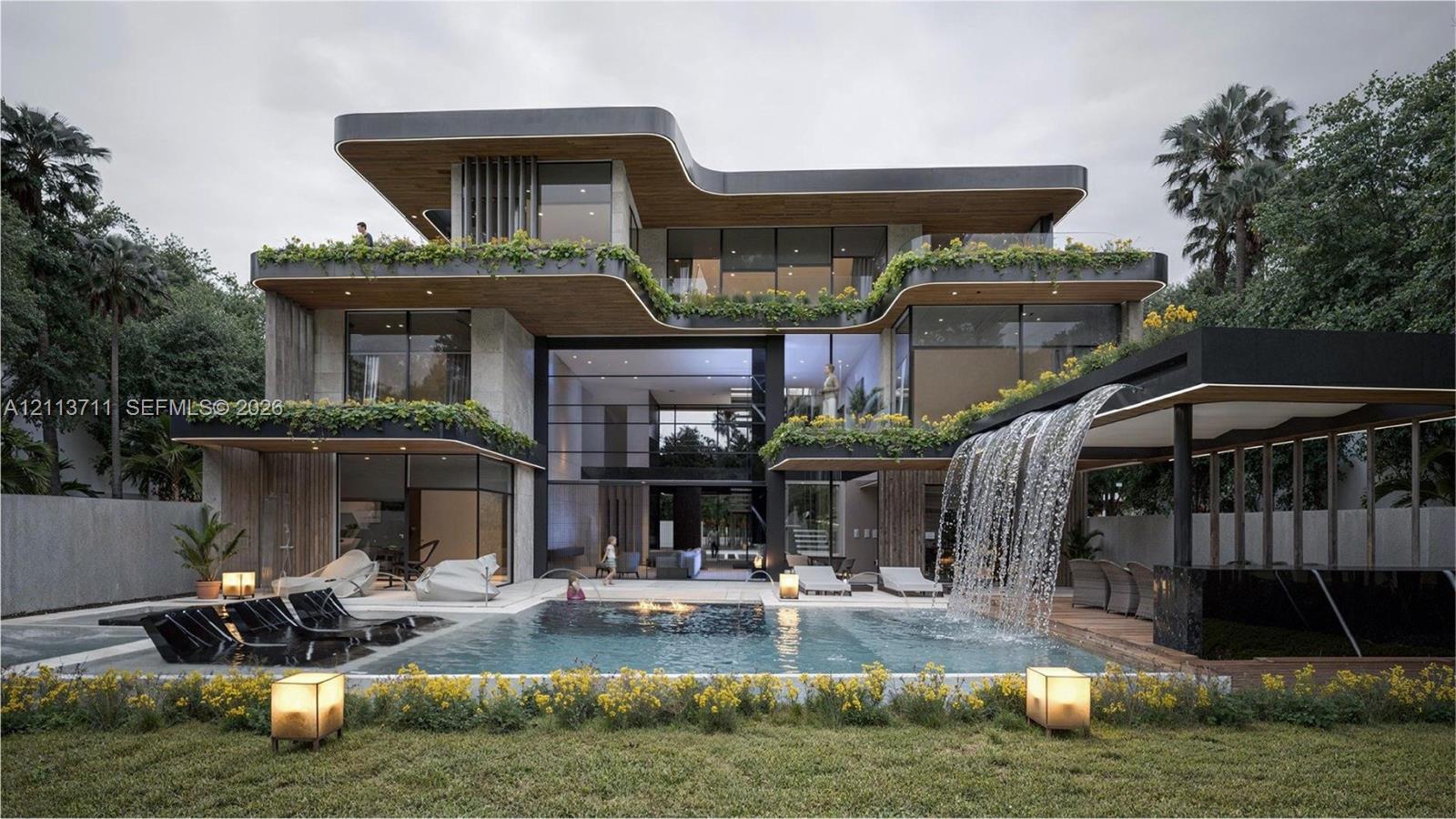 Contemporary multi-level exterior featuring floor-to-ceiling glass walls, integrated planters, tiered terraces, and a custom swimming pool with a built-in water feature Contemporary multi-level exterior featuring floor-to-ceiling glass walls, integrated planters, tiered terraces, and a custom swimming pool with a built-in water feature