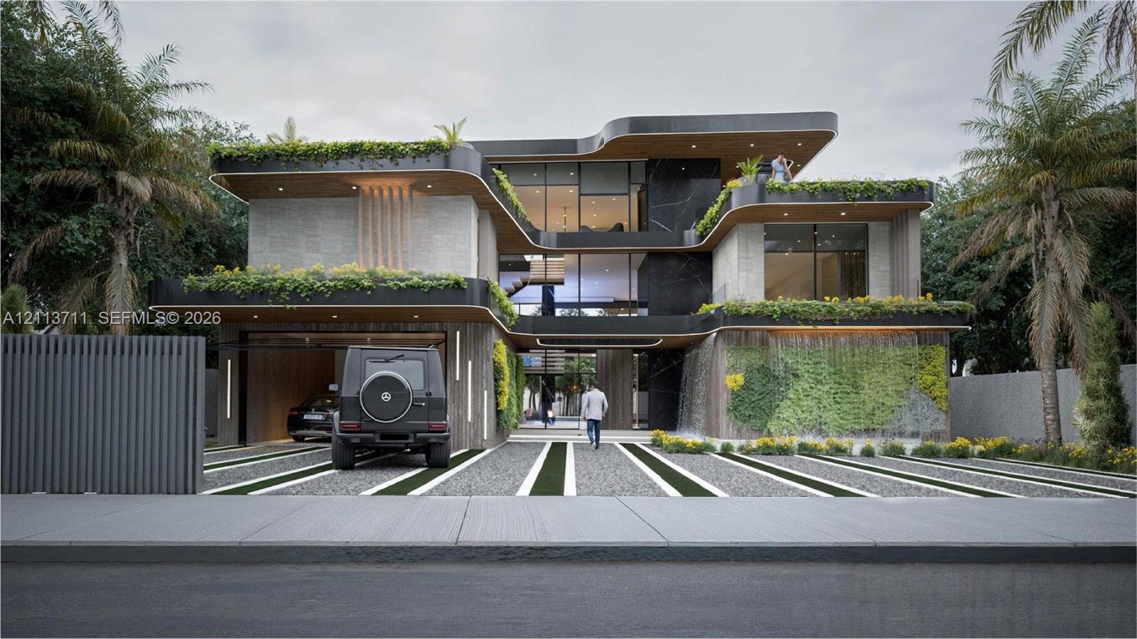 Contemporary multi-level exterior featuring stone cladding, integrated vertical gardens, expansive floor-to-ceiling glass panels, a structured water feature, and a covered parking area with wood-finish ceilings
