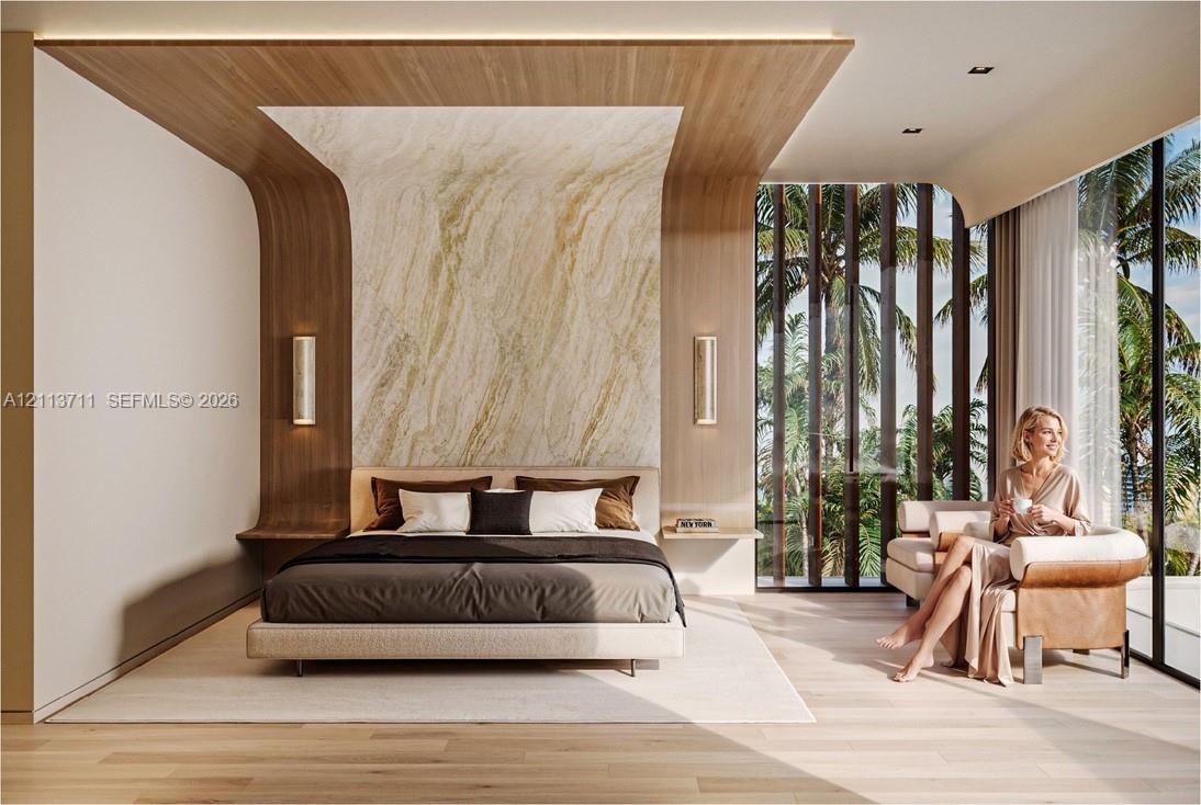Custom wood-finish architectural wall paneling with integrated recessed lighting, stone-finish accent wall, built-in bedside shelves, wood-finish flooring, and floor-to-ceiling windows