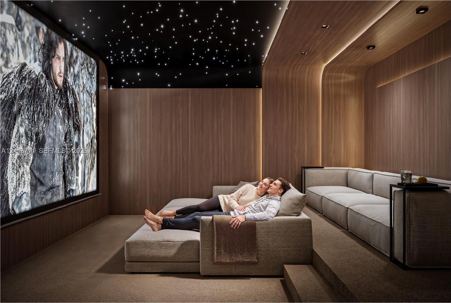 Media room featuring wood-veneer wall paneling, a tiered floor layout, integrated linear accent lighting, and a starlit-effect ceiling