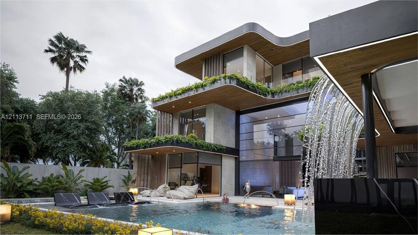Modern architectural exterior featuring a multi-level silhouette, extensive floor-to-ceiling glass paneling, wood-finish soffits, integrated water feature, and elevated terrace landscaping