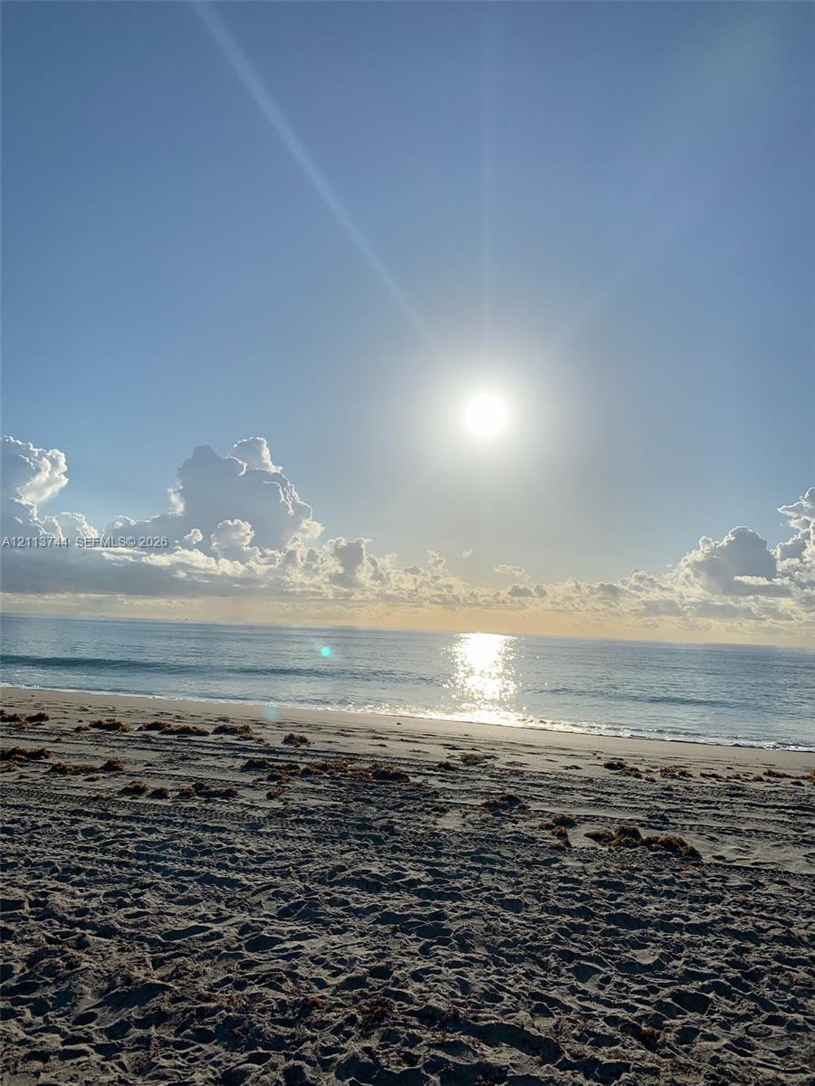 Sandy shoreline featuring direct ocean access and coastal horizon