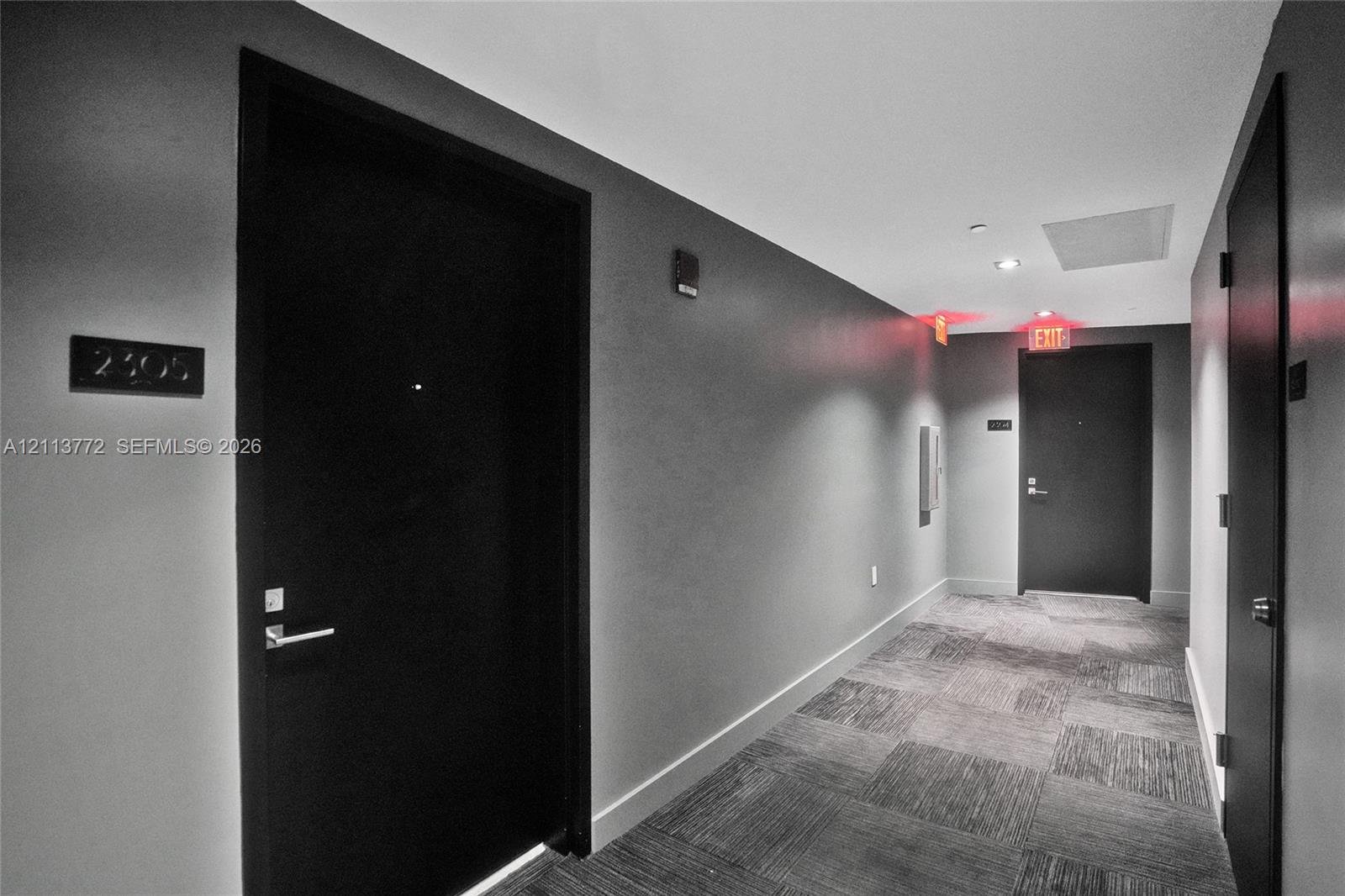 Hallway featuring dark solid-core doors, neutral wall finish, and patterned commercial-grade carpeting