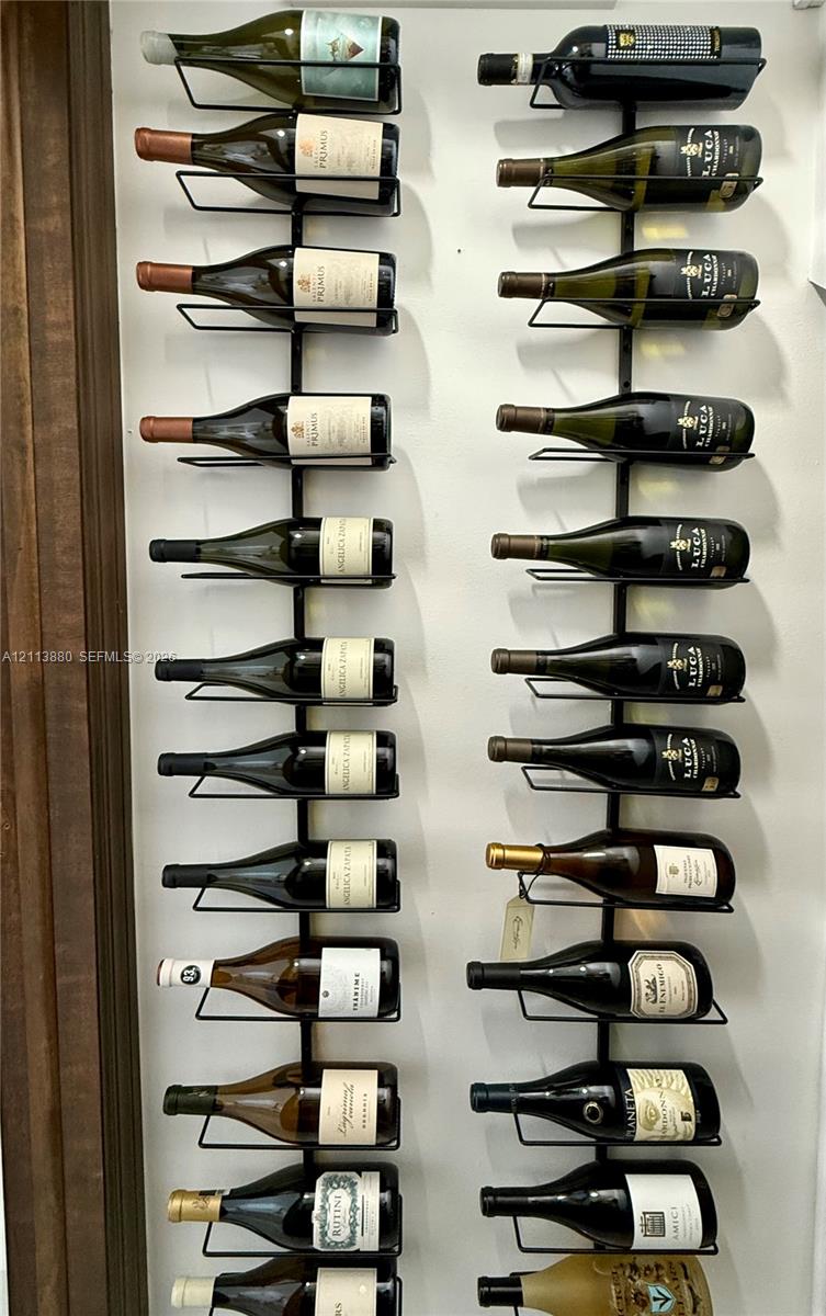 Wall-mounted metal wine storage racks featuring vertical alignment and individual bottle support