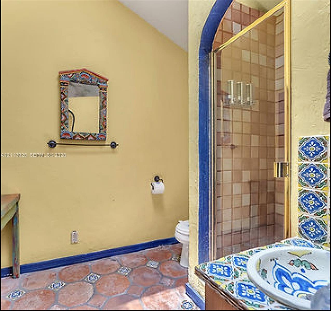 Bathroom featuring custom hand-painted ceramic tile accents, arched shower entry, terracotta tile flooring with inlaid decorative inserts, and a painted wood-frame wall mirror