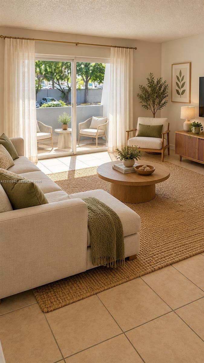 Living area featuring large-format ceramic tile flooring and sliding glass doors leading to a private balcony