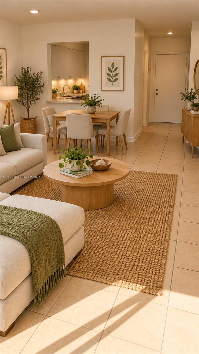 Open floor plan featuring neutral tile flooring, recessed lighting, and a pass-through serving window