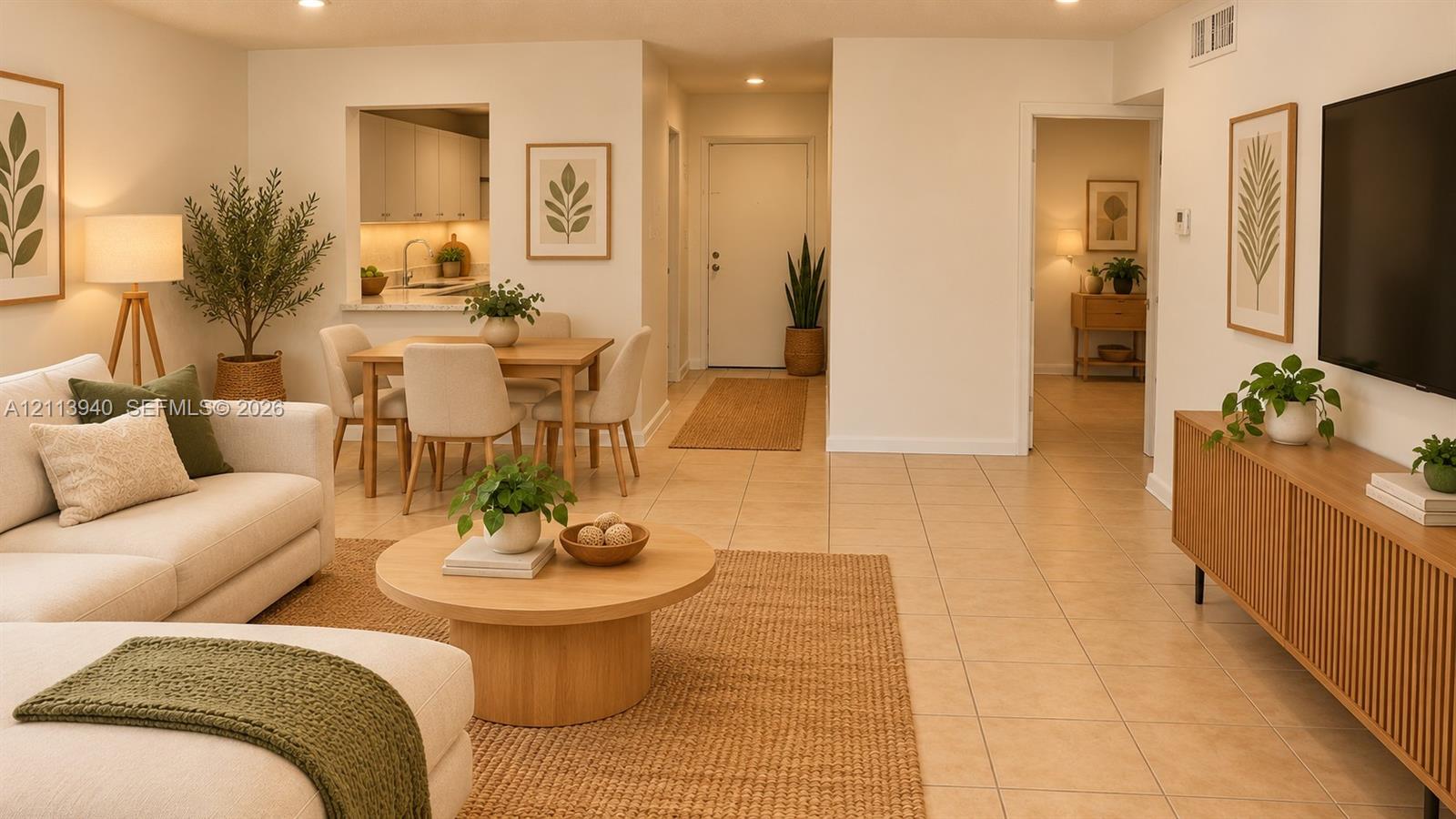 Open-concept interior featuring light-toned tile flooring, recessed ceiling lighting, and a pass-through kitchen opening