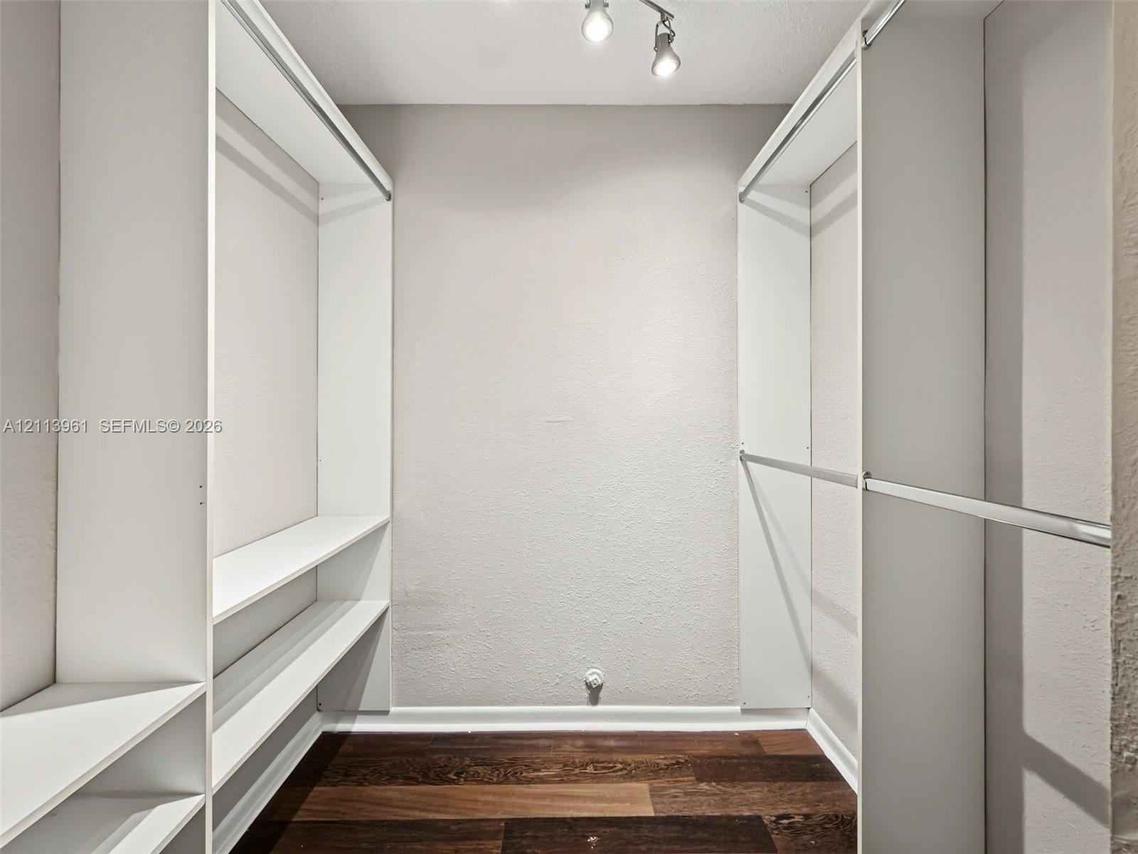 Walk-in closet featuring white built-in shelving, integrated garment rods, wood-finish flooring, and multi-directional ceiling-mounted lighting