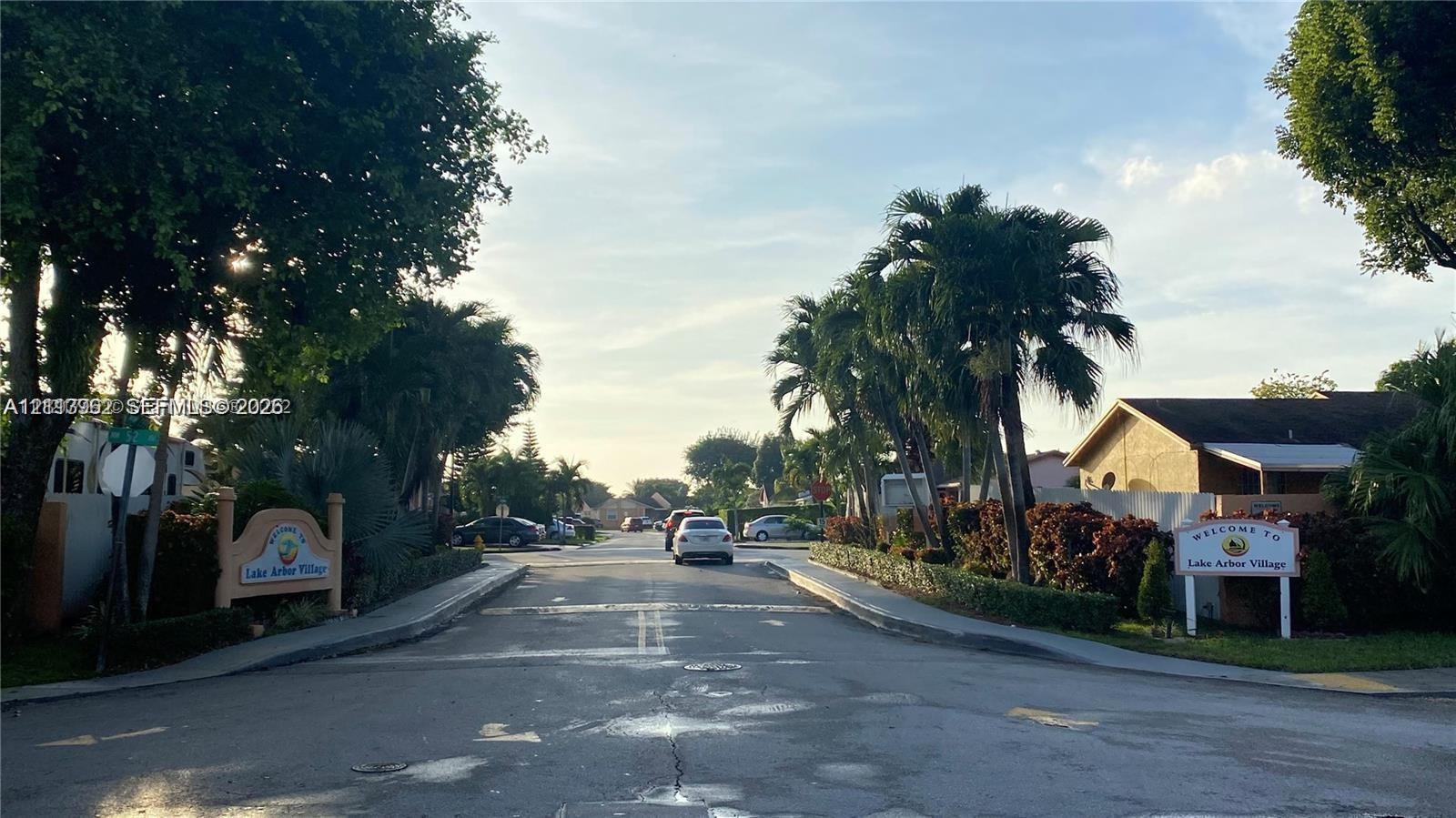 Community entrance featuring paved streets, mature palm trees, decorative signage, and lush landscaping