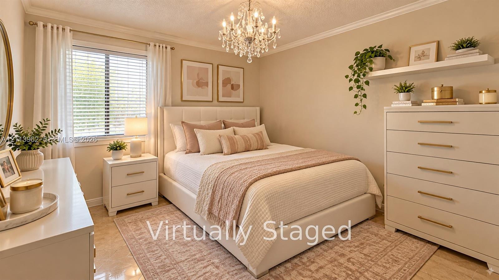 Neutral-toned interior room featuring crown molding, a multi-tiered crystal chandelier, and large-format tile flooring Neutral-toned interior room featuring crown molding, a multi-tiered crystal chandelier, and large-format tile flooring