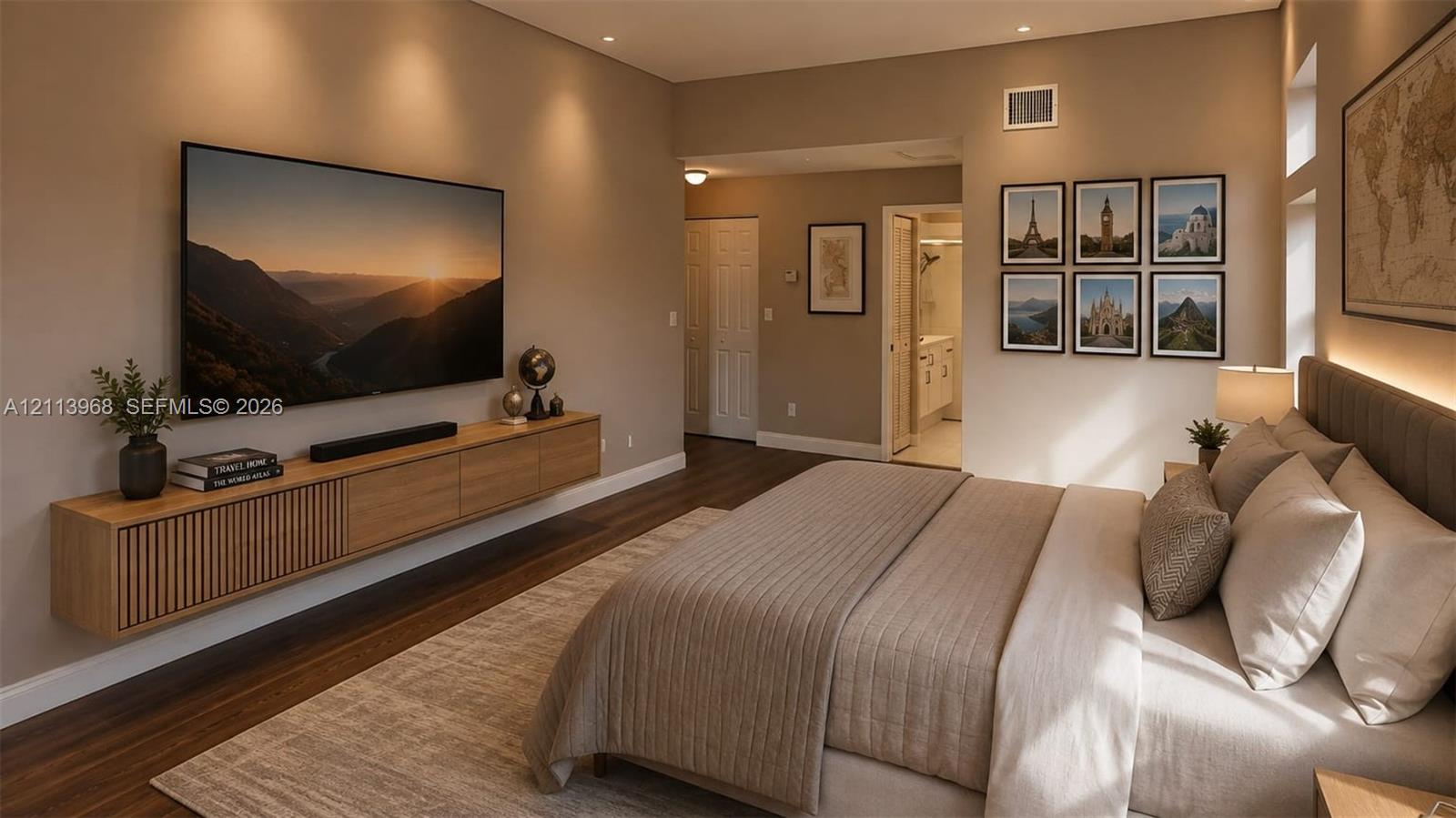 Wood-finish flooring, custom wall-mounted floating cabinetry with slatted detailing, recessed ceiling lighting, and neutral wall tones