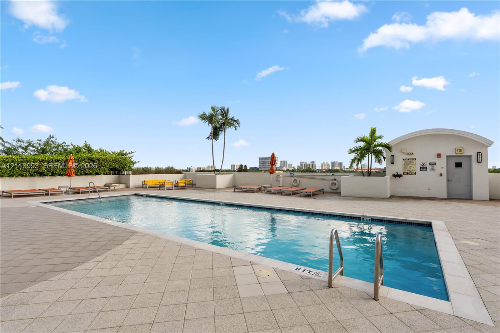 Rooftop swimming pool featuring a tiled deck, perimeter landscaping, and stainless steel ladder entries