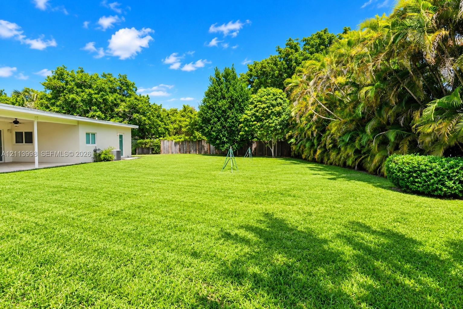 Expansive backyard featuring a large grass lawn, covered patio, mature perimeter landscaping, and wooden privacy fencing