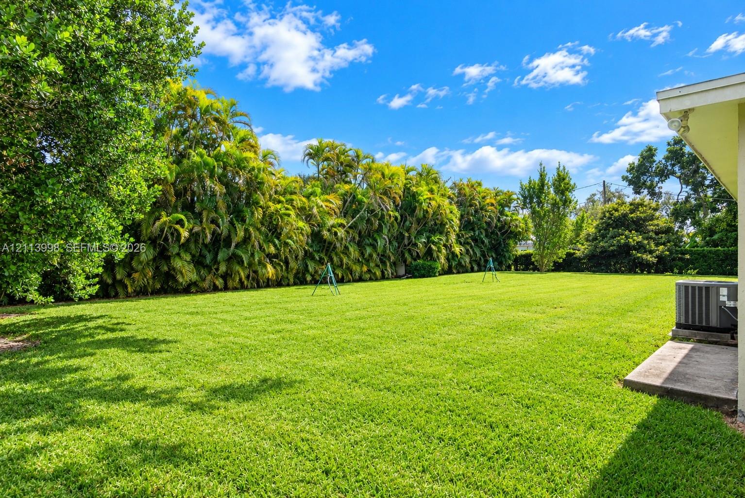 Expansive backyard featuring a manicured lawn, perimeter of mature trees, and dense foliage providing privacy