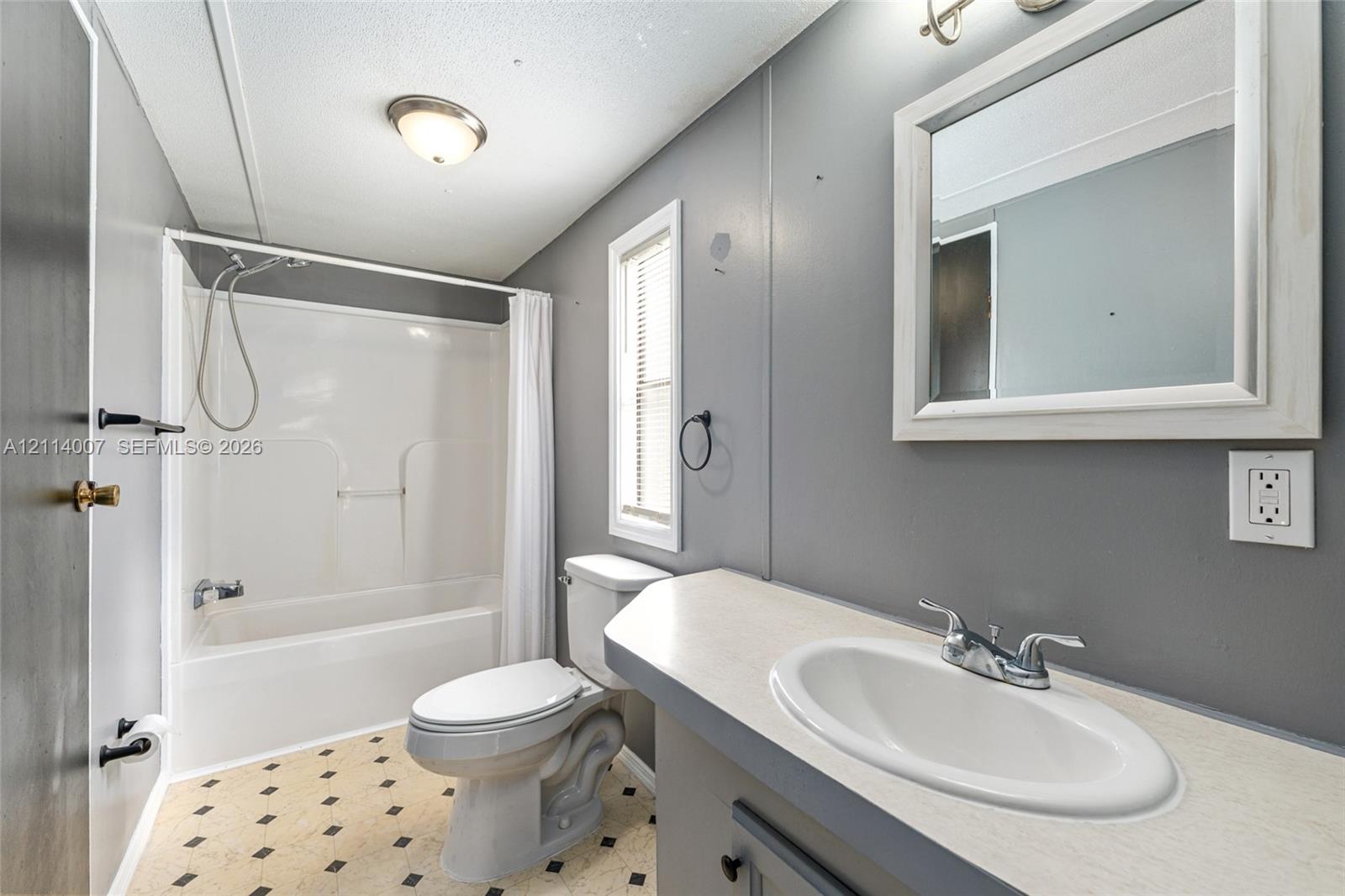 Bathroom featuring a vanity with a drop-in sink, a wall-mounted mirror with a frame, a tub and shower combination with a hand-held sprayer, and patterned flooring