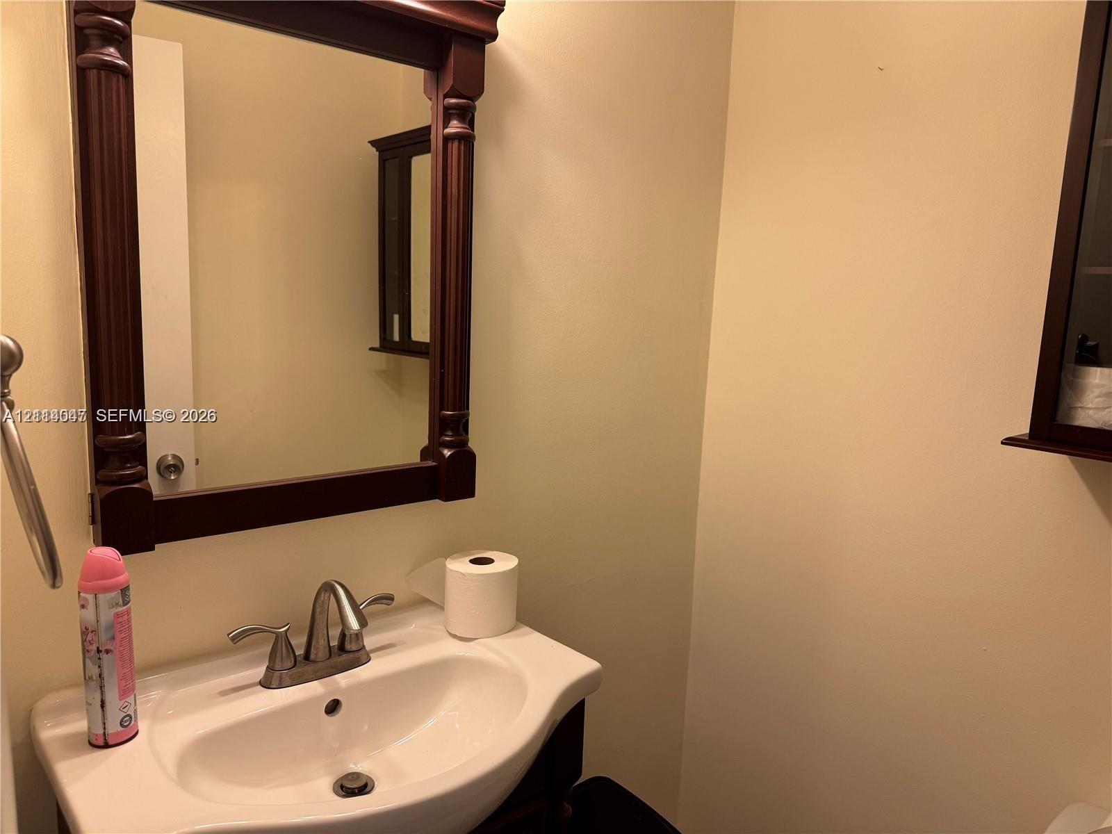 Wall-mounted vanity featuring a porcelain drop-in sink, metallic dual-handle faucet, and decorative dark-finished wood-frame mirror