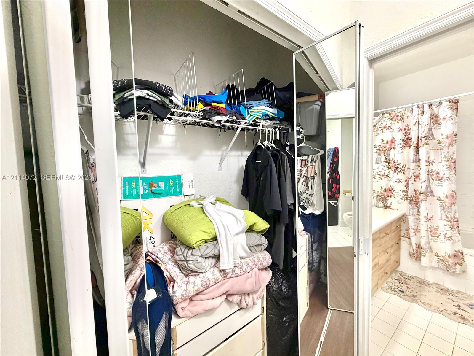 Closet featuring mirrored sliding doors and white wire shelving, accompanied by a bathroom vanity with wood-finish cabinetry