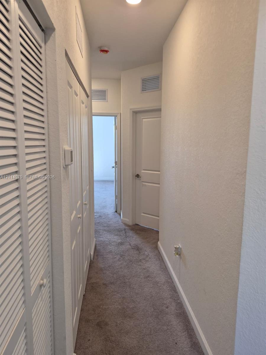 Hallway featuring neutral wall finishes, carpeted flooring, white louvered closet doors, and a paneled interior door