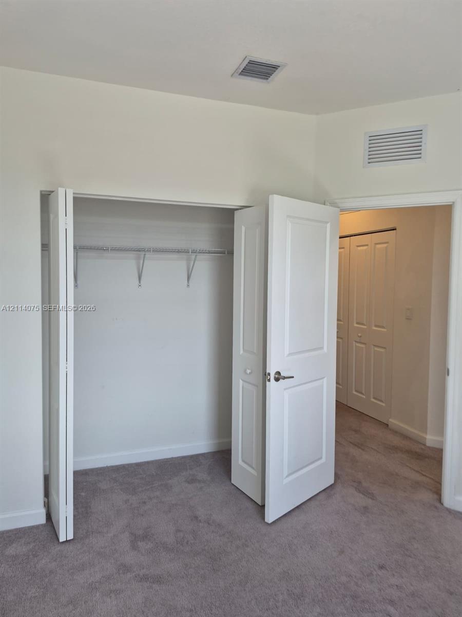 Neutral-toned carpeting, white two-panel interior doors, and built-in closet shelving