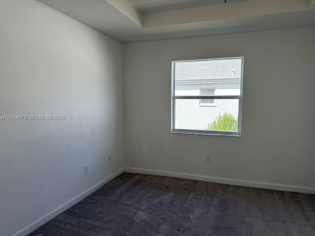 Room featuring a recessed tray ceiling, neutral-toned wall-to-wall carpeting, and a single-hung window